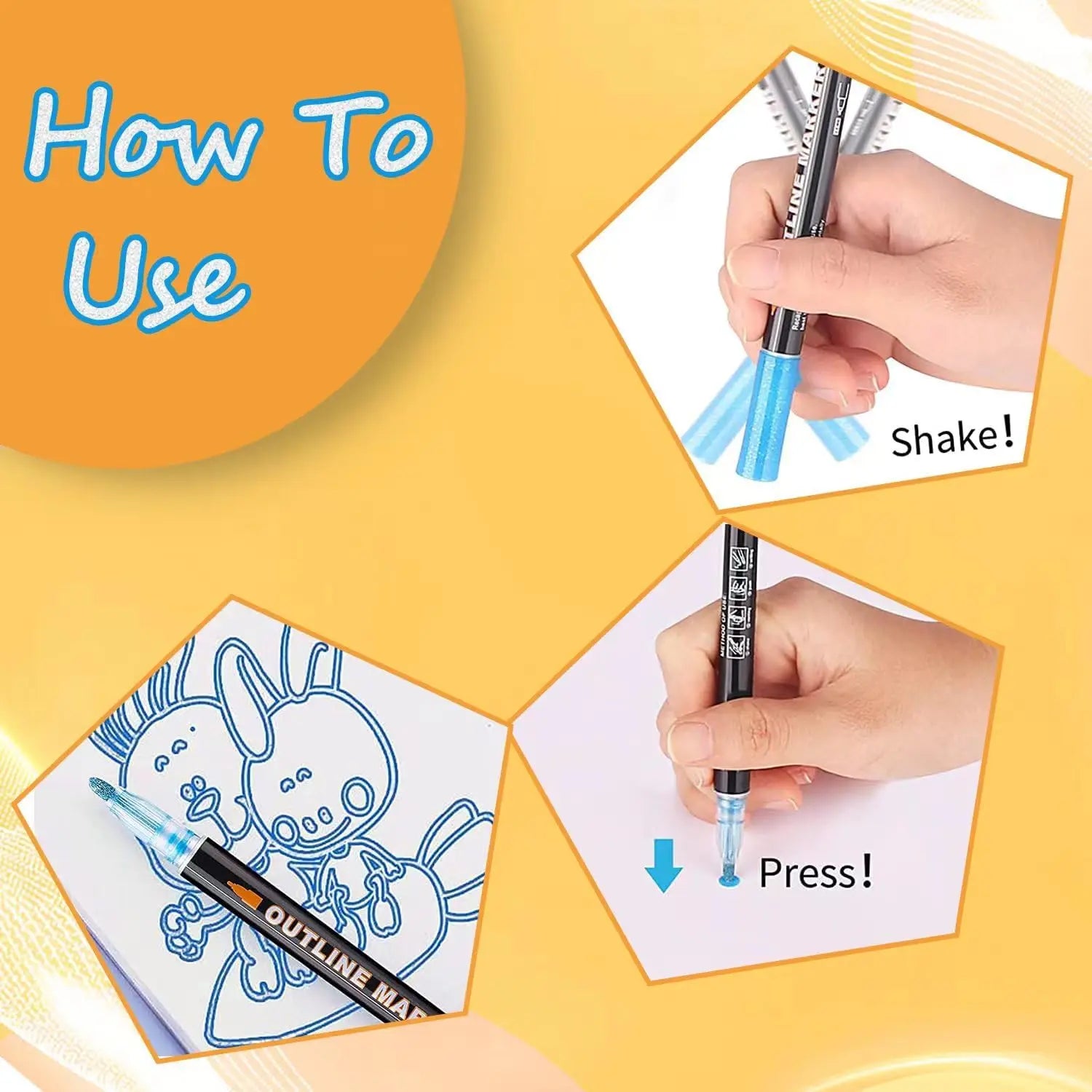 Double Line Super Squiggles Glitter & Metallic Markers,12/24/36 Colors-Self Outline Pens for Doodle Art, Greeting Cards & Crafts