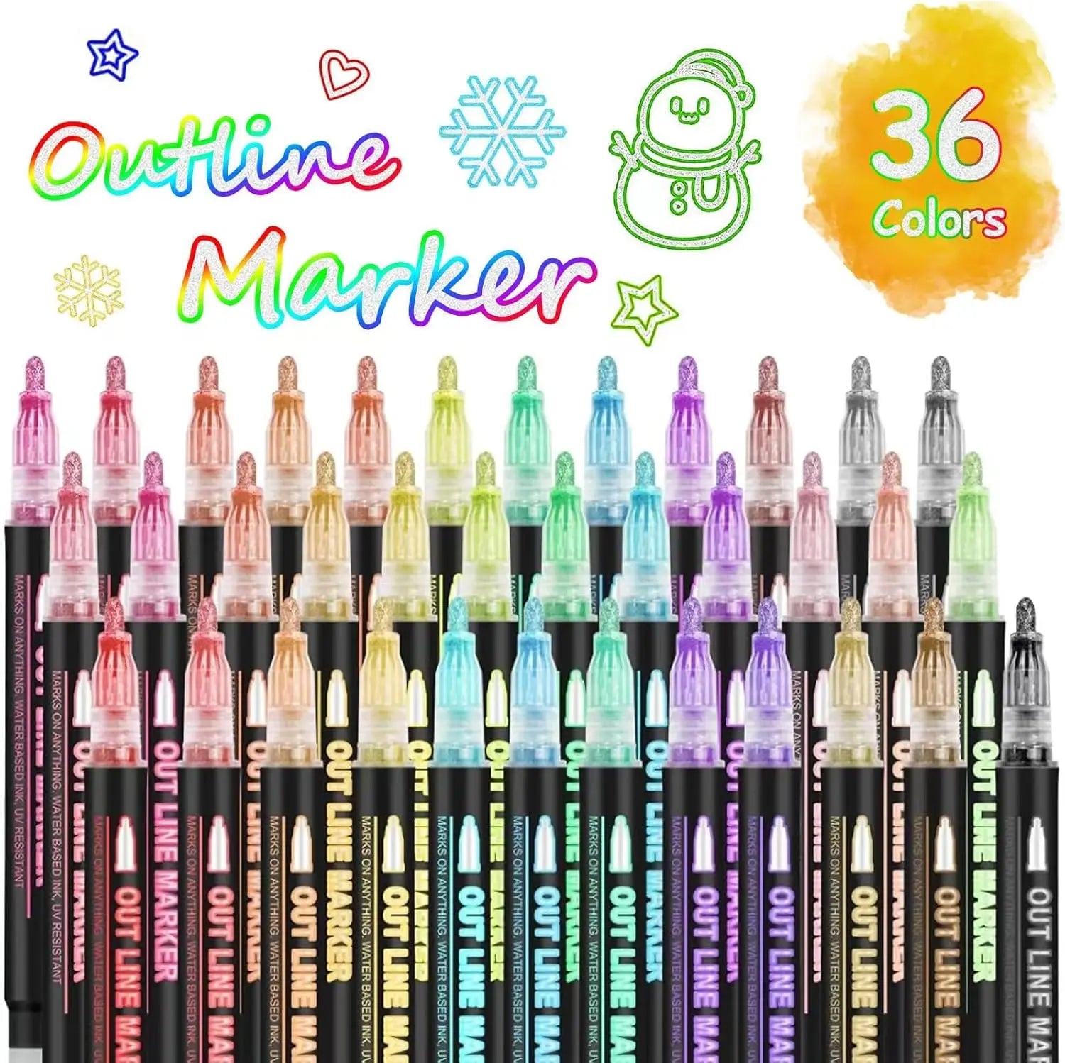 Double Line Super Squiggles Glitter & Metallic Markers,12/24/36 Colors-Self Outline Pens for Doodle Art, Greeting Cards & Crafts