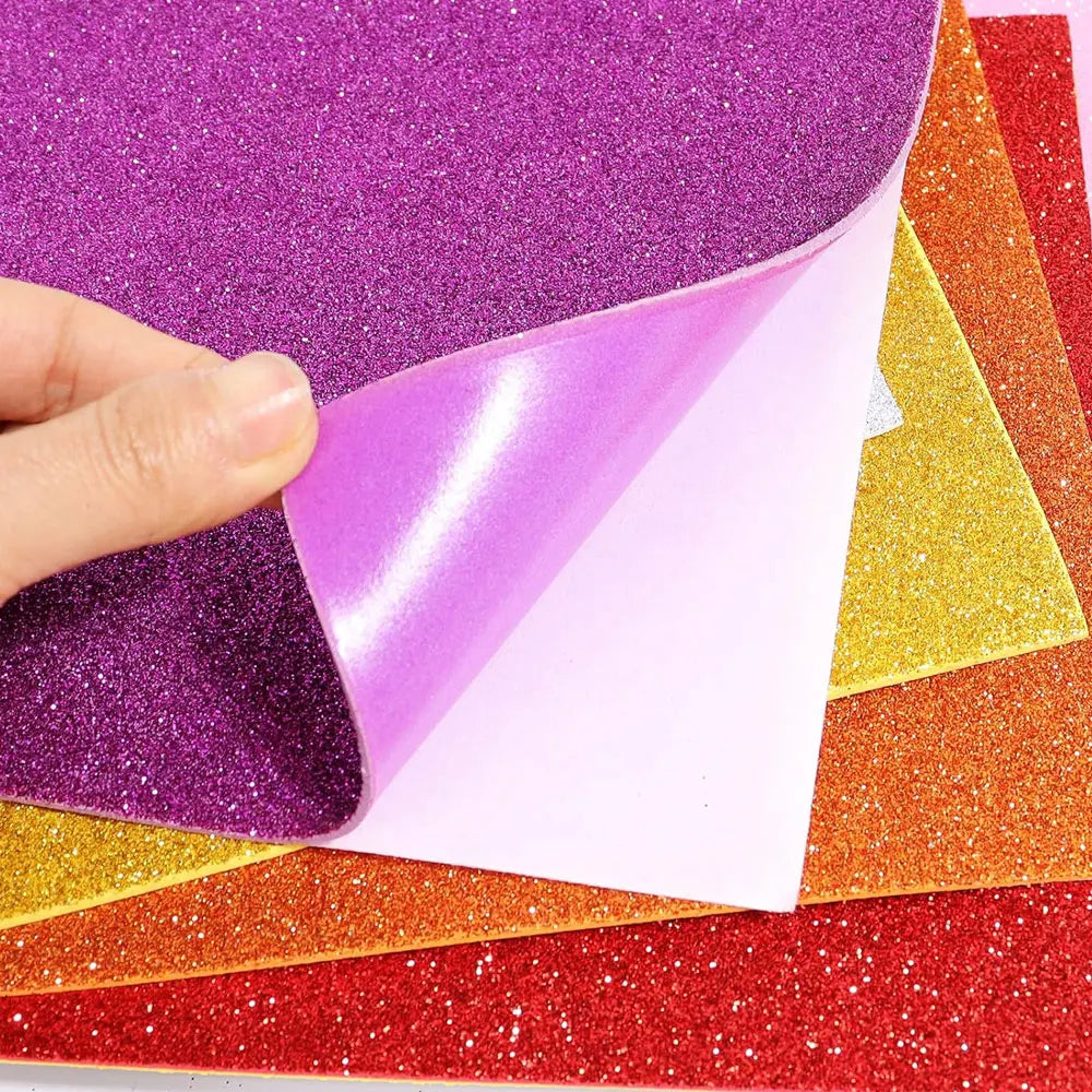 10 sheets of glitter foam paper, 8x12 inches, self-adhesive, suitable for craft projects, scrapbooking, and gift wrapping.