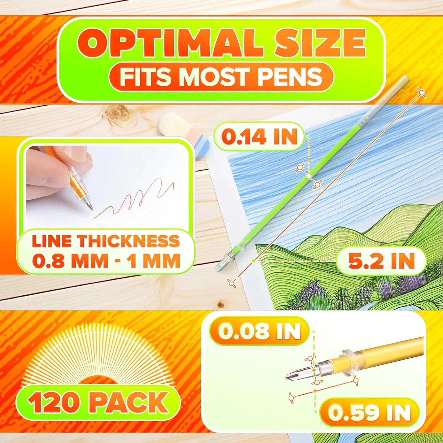 60-120pcs Glittering colored gel pen refills, 0.8mm thick line, suitable for coloring, drawing, doodling, and journaling.