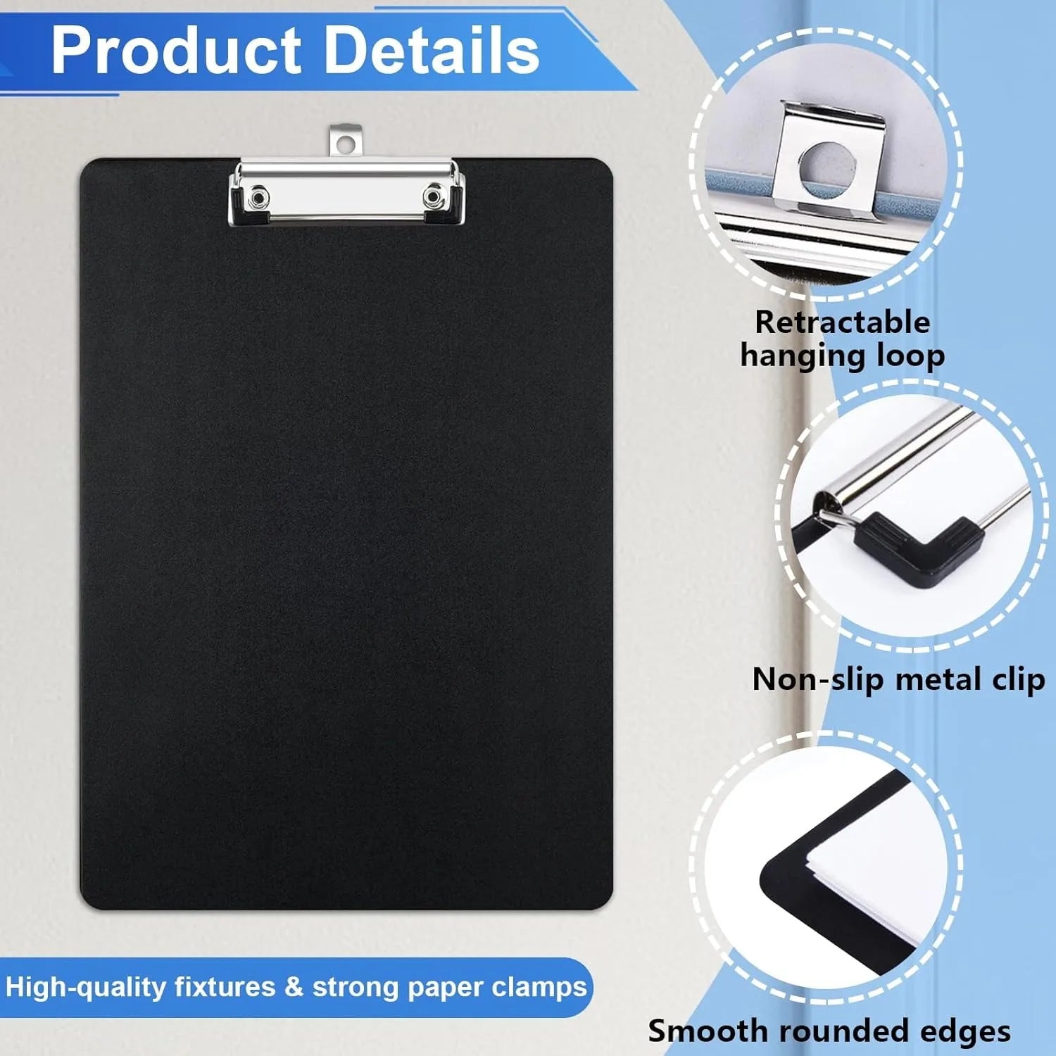 Black A4 Clipboard, 6pcs, Metal Binder with Sheet Protector for Writing, Documents and Drawing