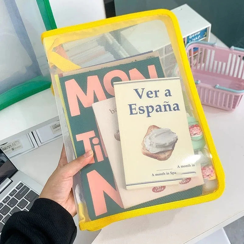 Stylish A4 Clear Zipper File Bag Transparent Document Organizer with Subject Labels for School Supplies Office Stationery Storag