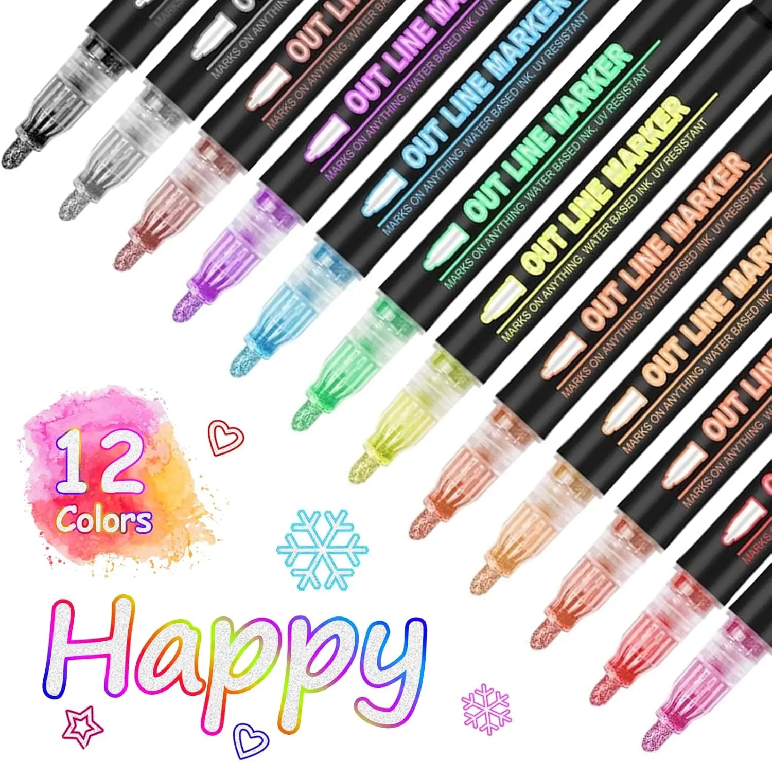 Double Line Super Squiggles Glitter & Metallic Markers,12/24/36 Colors-Self Outline Pens for Doodle Art, Greeting Cards & Crafts