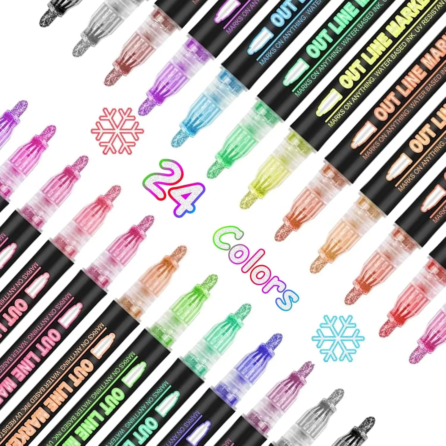 Double Line Super Squiggles Glitter & Metallic Markers,12/24/36 Colors-Self Outline Pens for Doodle Art, Greeting Cards & Crafts
