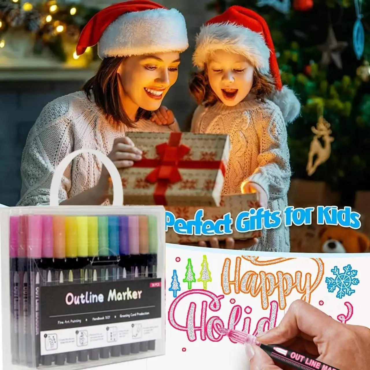 Double Line Super Squiggles Glitter & Metallic Markers,12/24/36 Colors-Self Outline Pens for Doodle Art, Greeting Cards & Crafts